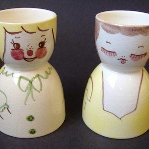 2 Egg Cups Woman Girl Mother Daughter Pair Vintage Ceramic Porcelain Collectible